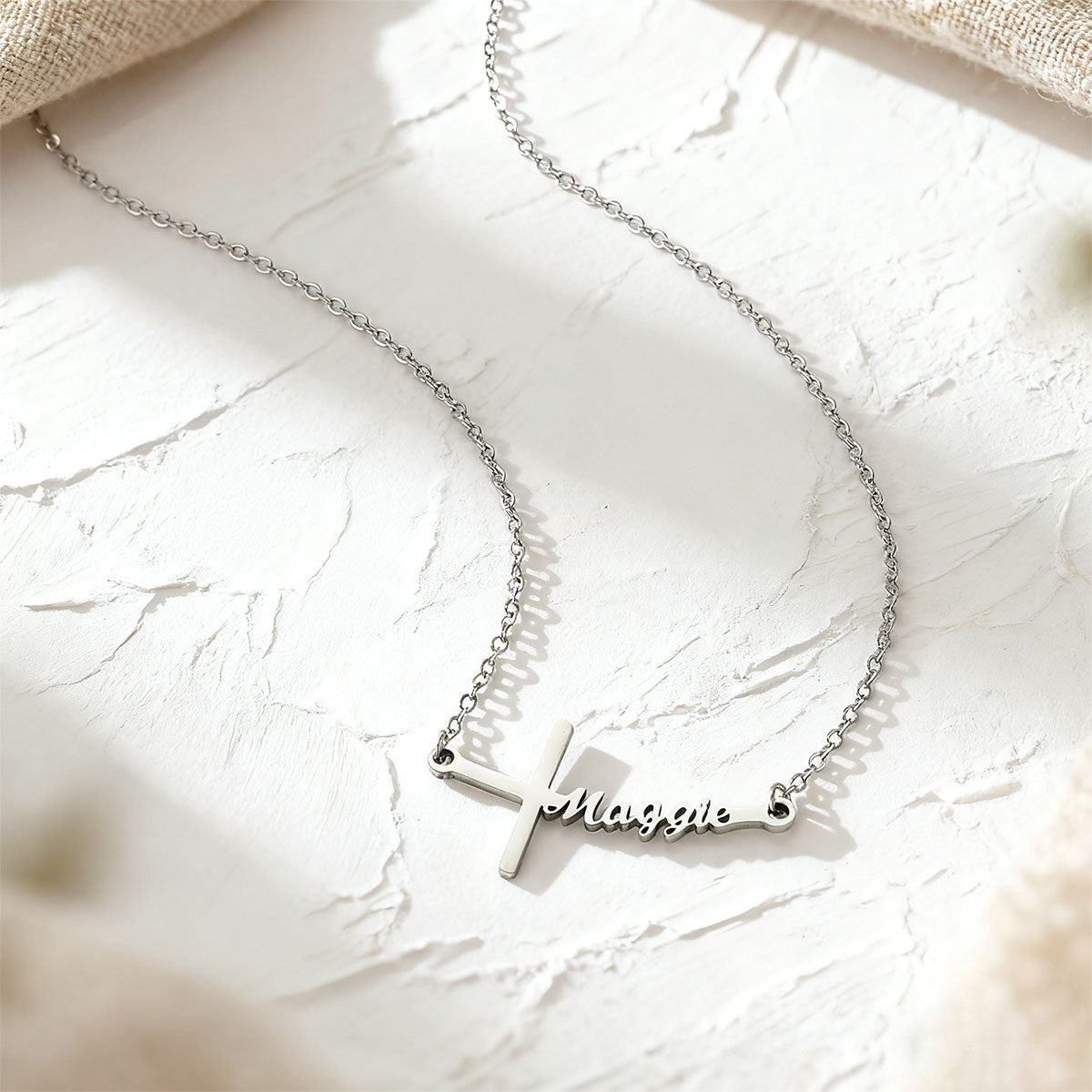 Name Sideways Cross Necklace in Silver