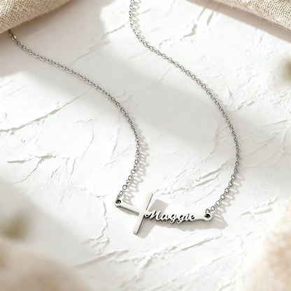 Name Sideways Cross Necklace in Silver