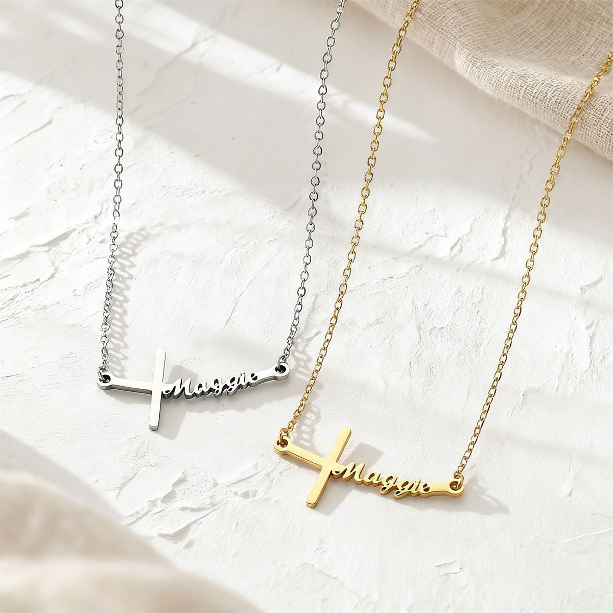 Name Sideways Cross Necklace in different color