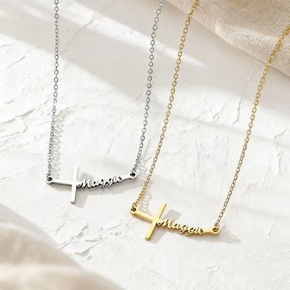 Name Sideways Cross Necklace in different color
