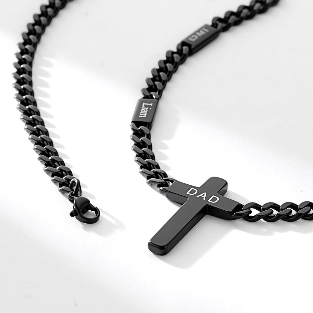 Names Cuban Chain Cross Necklace Black Plated
