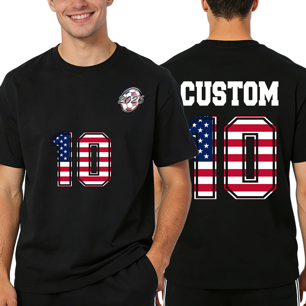 Black t-shirt with American flag design and 'Custom 10' text on front and back, worn by a person.