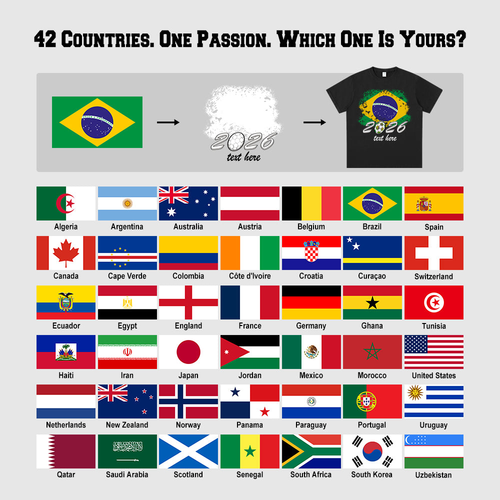 Flags of various countries arranged in a grid with a t-shirt featuring a flag design on a gray background.