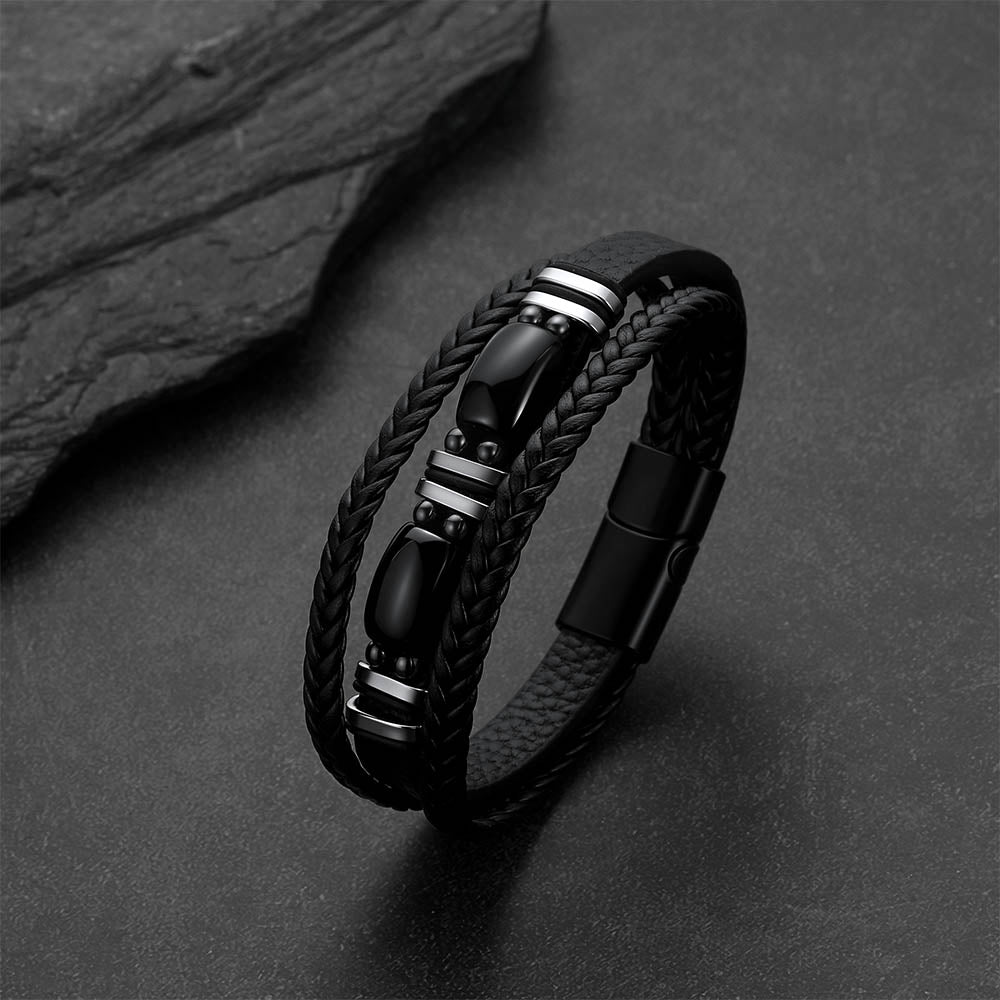 Obsidian Multilayer Leather Bracelet Braided Leather Wristband for Men