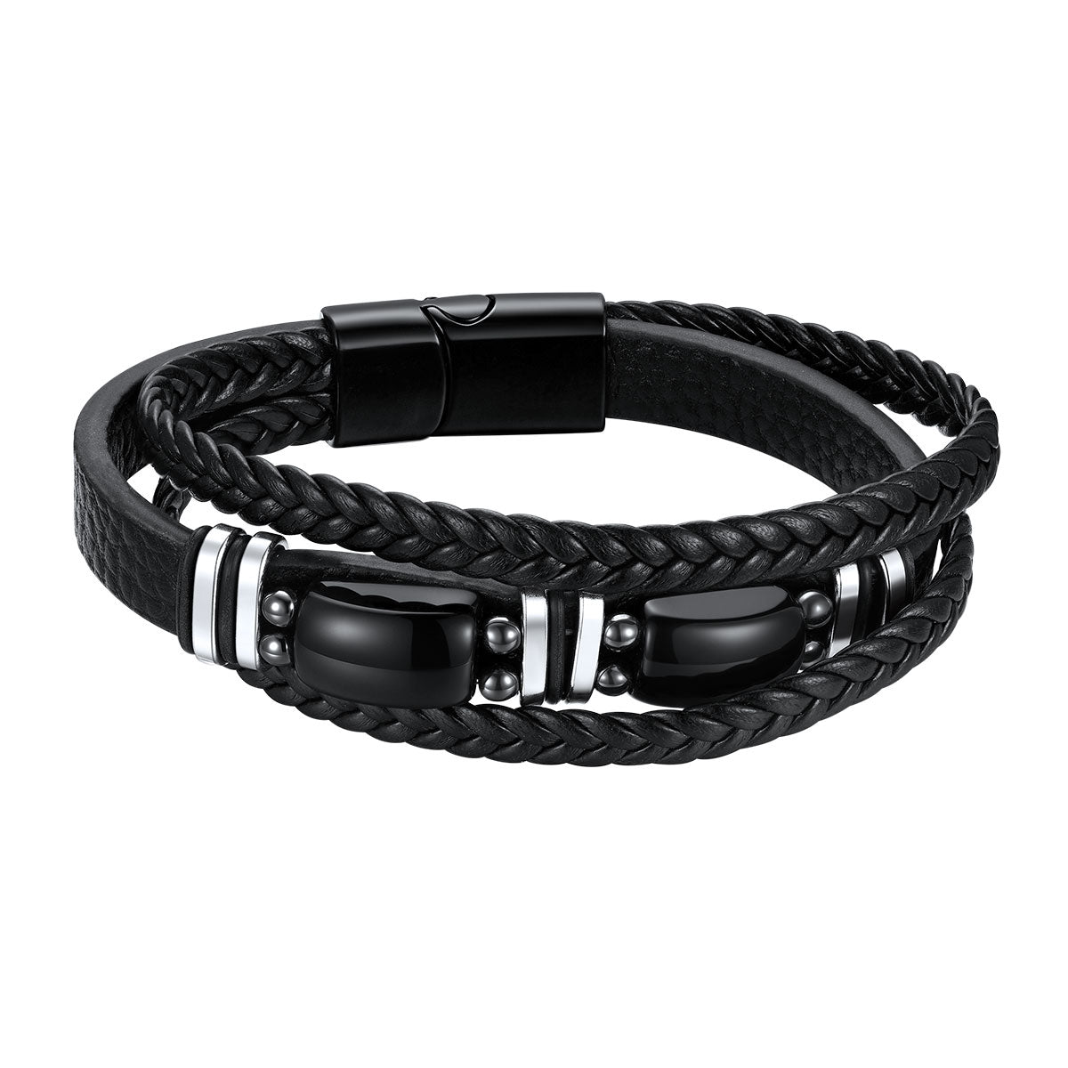 Obsidian Multilayer Leather Bracelet Braided Leather Wristband for Men on a white background