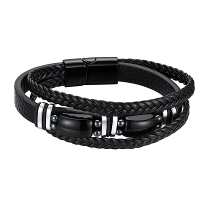 Obsidian Multilayer Leather Bracelet Braided Leather Wristband for Men on a white background