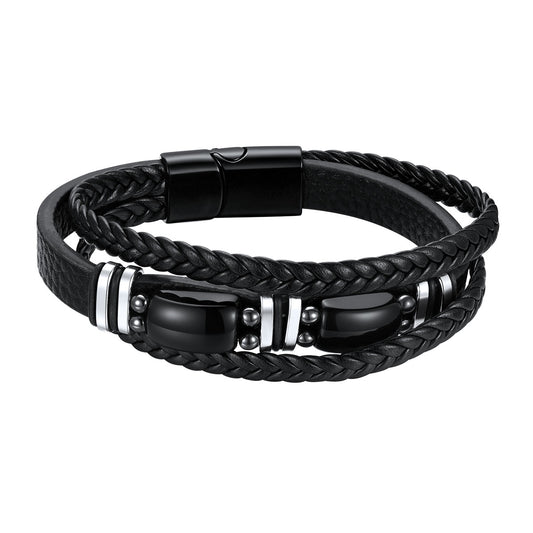 Obsidian Multilayer Leather Bracelet Braided Leather Wristband for Men on a white background