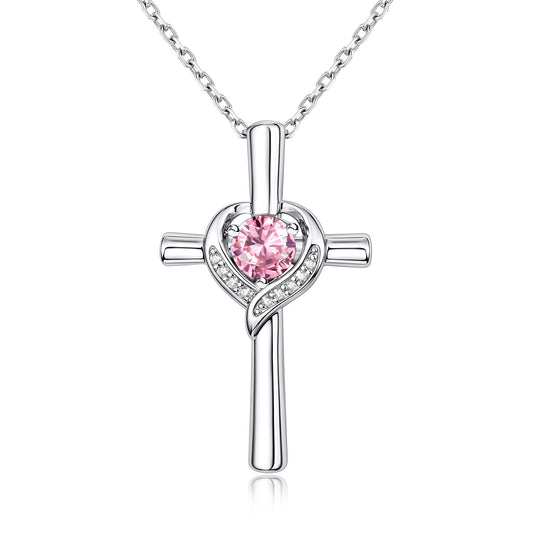 October Birthstone Cross Necklace For Women on a white background