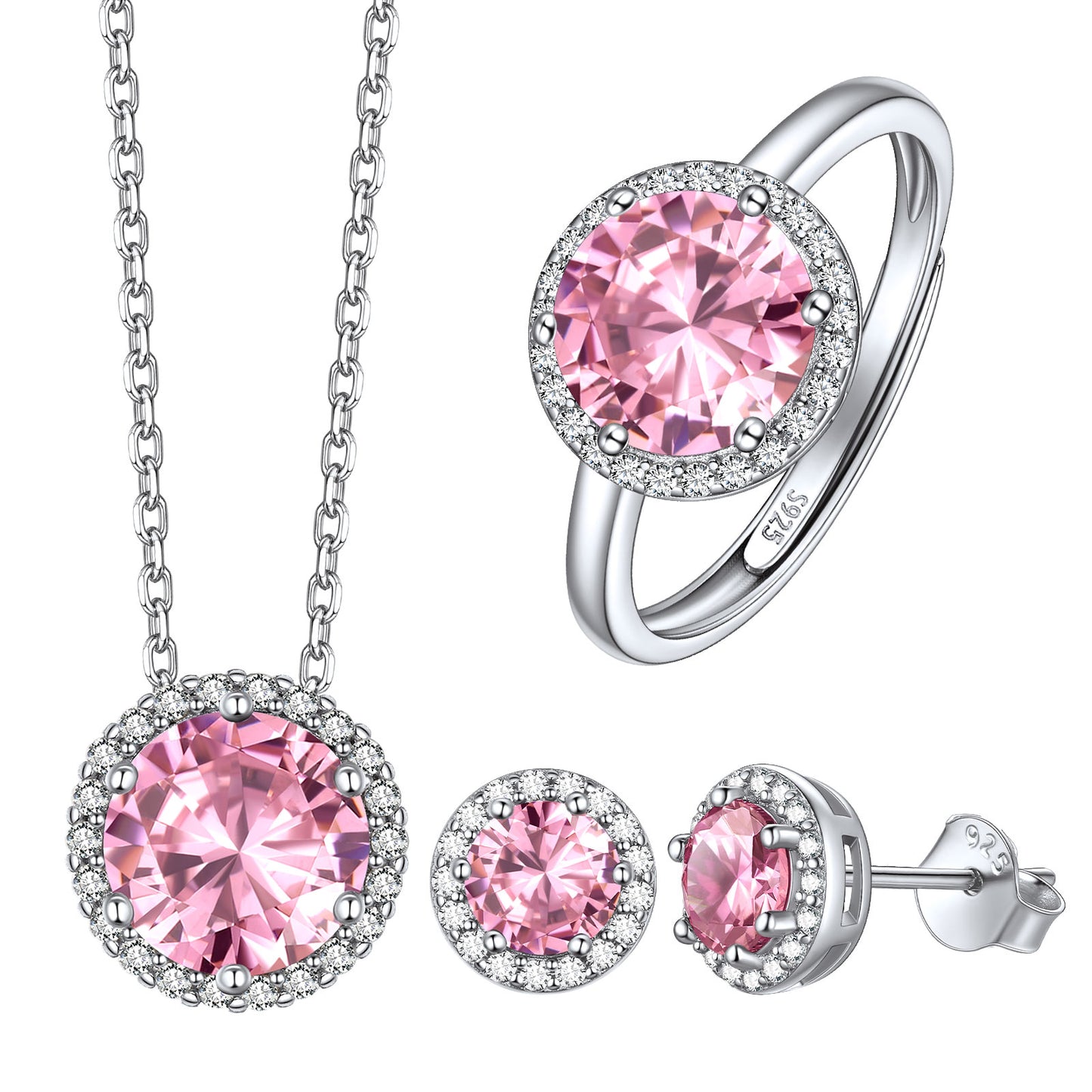 Round Halo Birthstone Jewelry Set