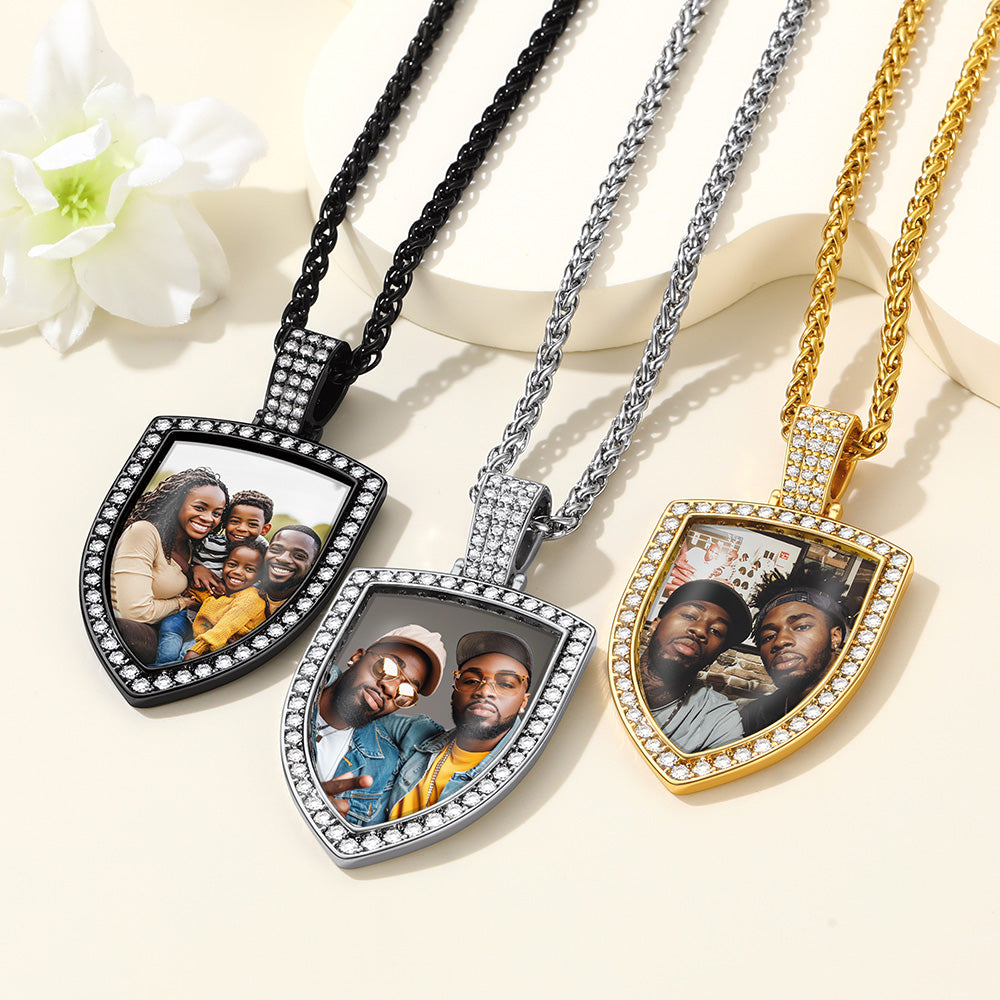 Personalized CZ Shield Pictures Necklace for Men Women