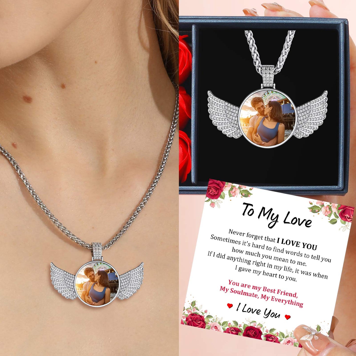 Personalized Angel Wings Picture Necklace with Cubic Zirconia