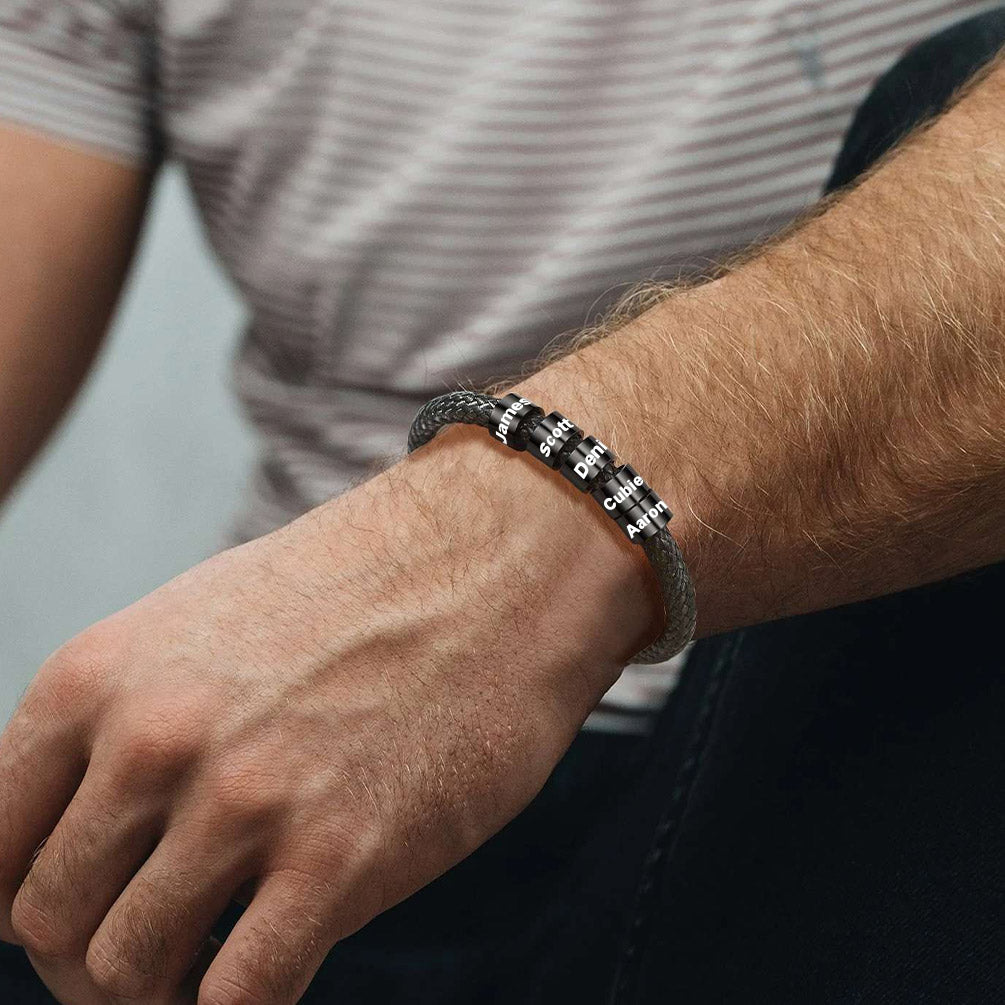 Customized Leather Braided Rope Bracelet with Engraving Beads