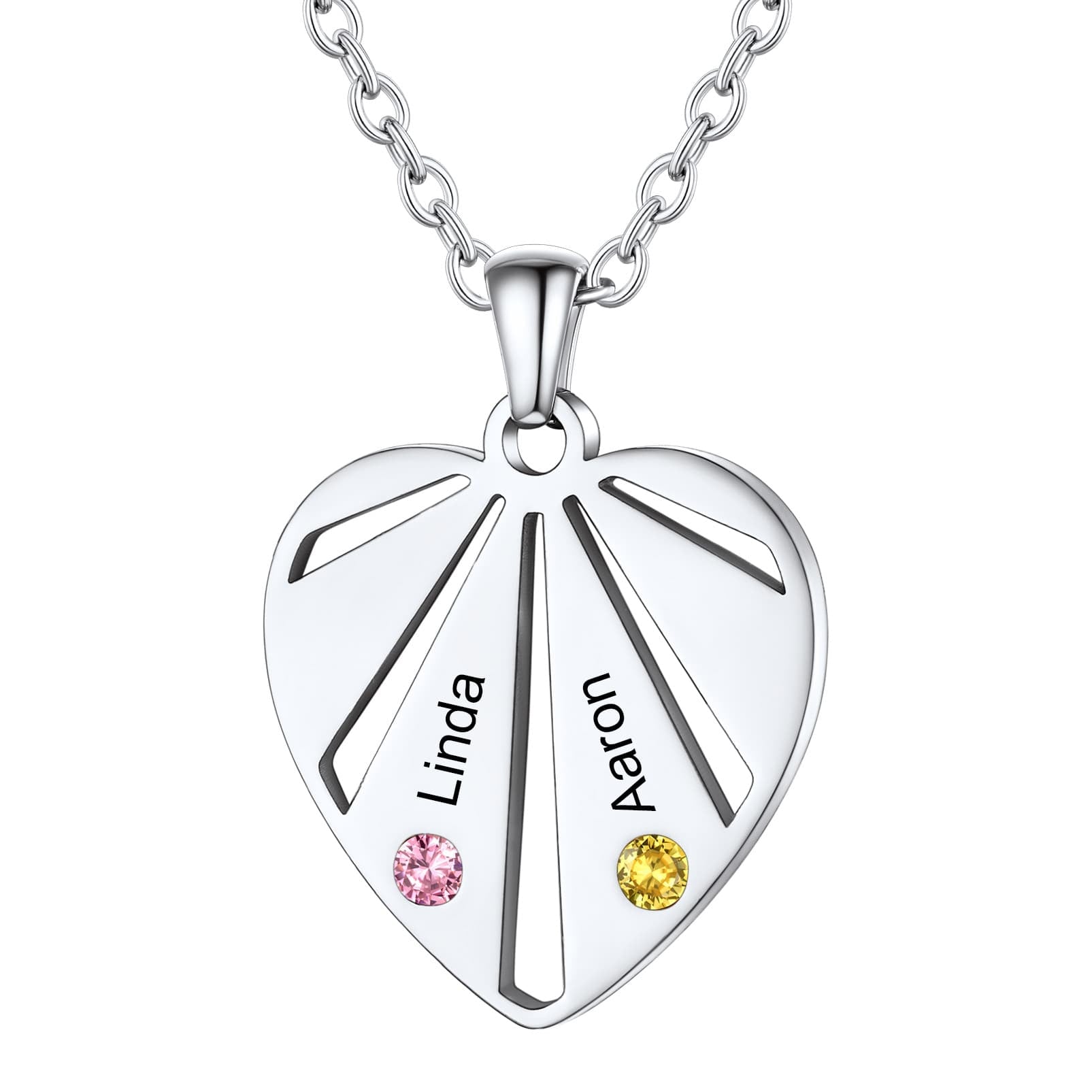 Personalized Engraved Heart Birthstone Necklace 2 stones silver