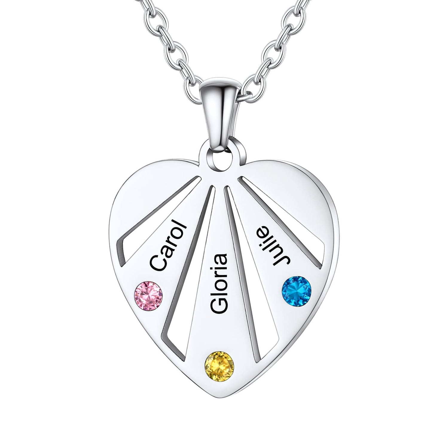 Personalized Engraved Heart Birthstone Necklace 3 stones silver