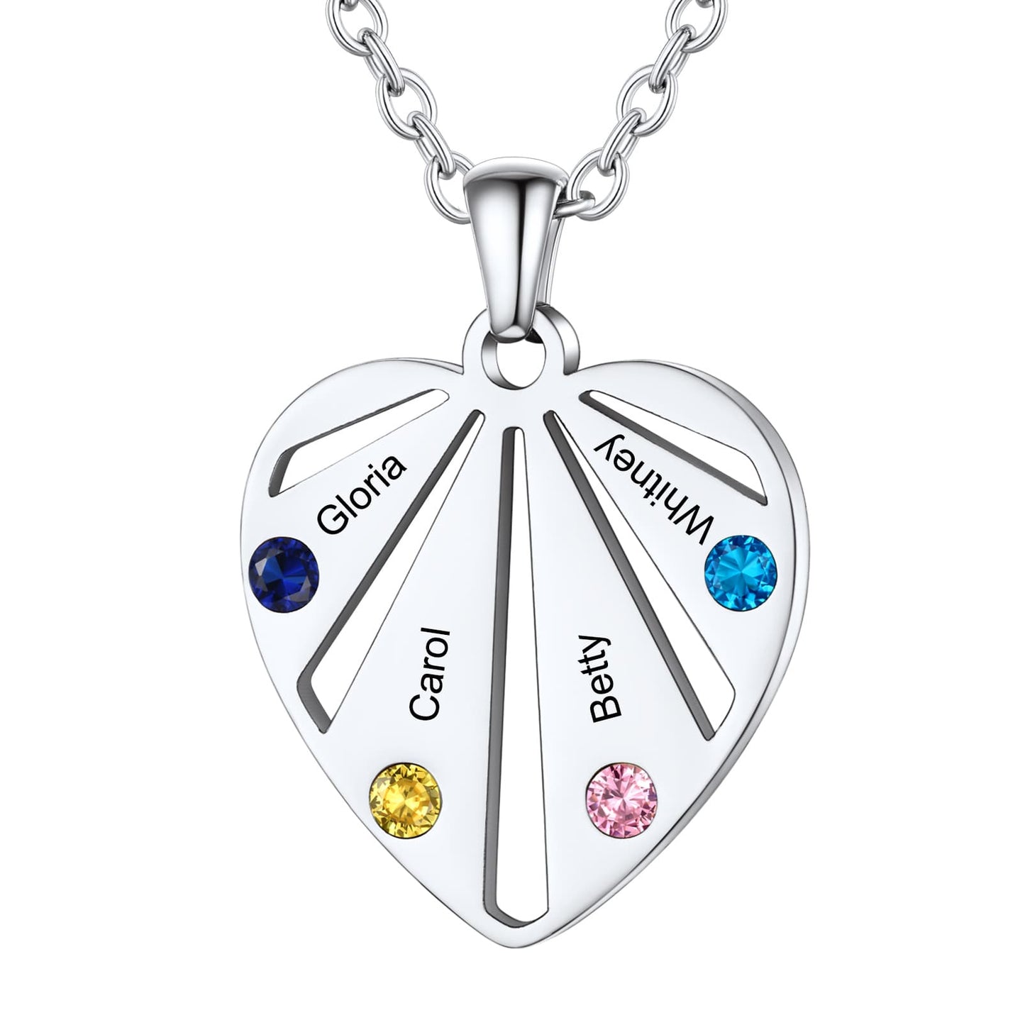 Personalized Engraved Heart Birthstone Necklace 4 stones silver