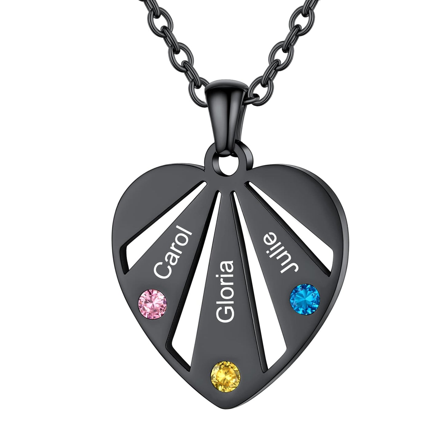 Personalized Engraved Heart Birthstone Necklace 3 stones black