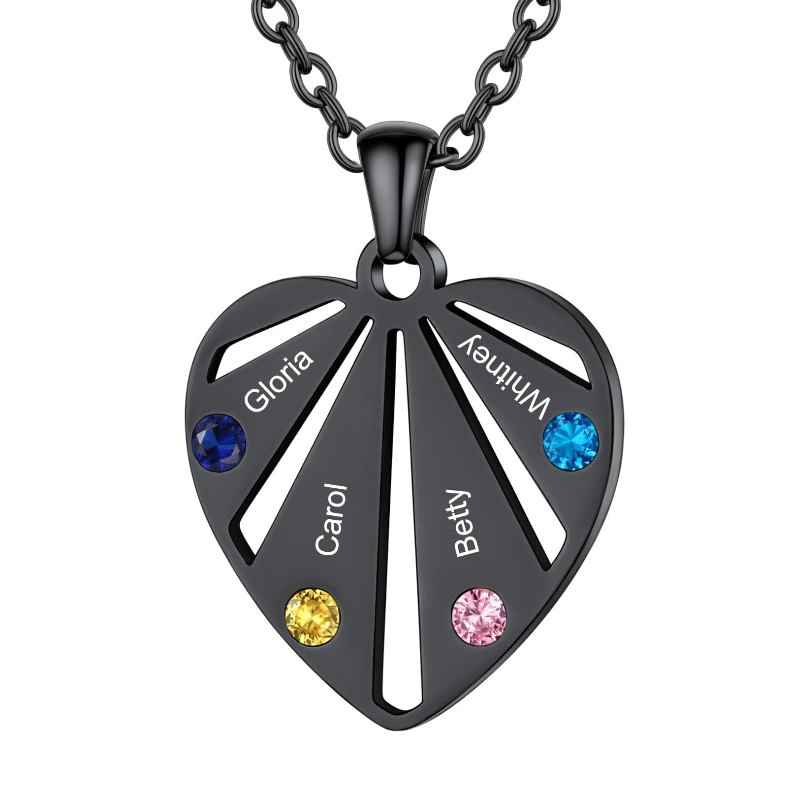 Personalized Engraved Heart Birthstone Necklace 4 stones black
