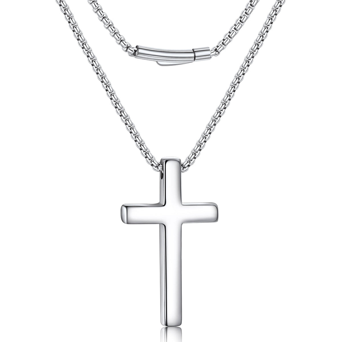 A silver cross pendant necklace with a matching box chain, shown on a clean white background.