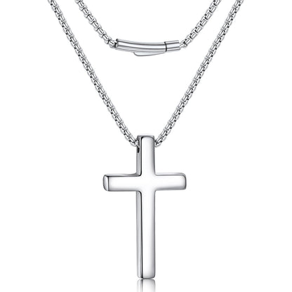 A silver cross pendant necklace with a matching box chain, shown on a clean white background.