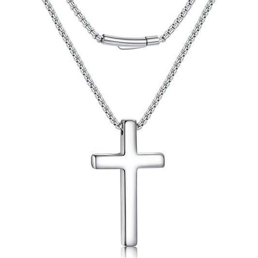 A silver cross pendant necklace with a matching box chain, shown on a clean white background.