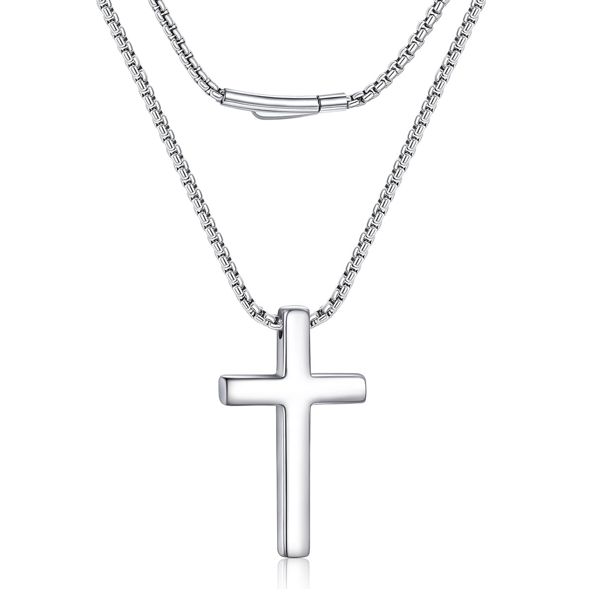 A silver cross pendant necklace with a matching box chain, displayed against a clean white background.