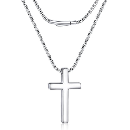 A silver cross pendant necklace with a matching box chain, displayed against a clean white background.