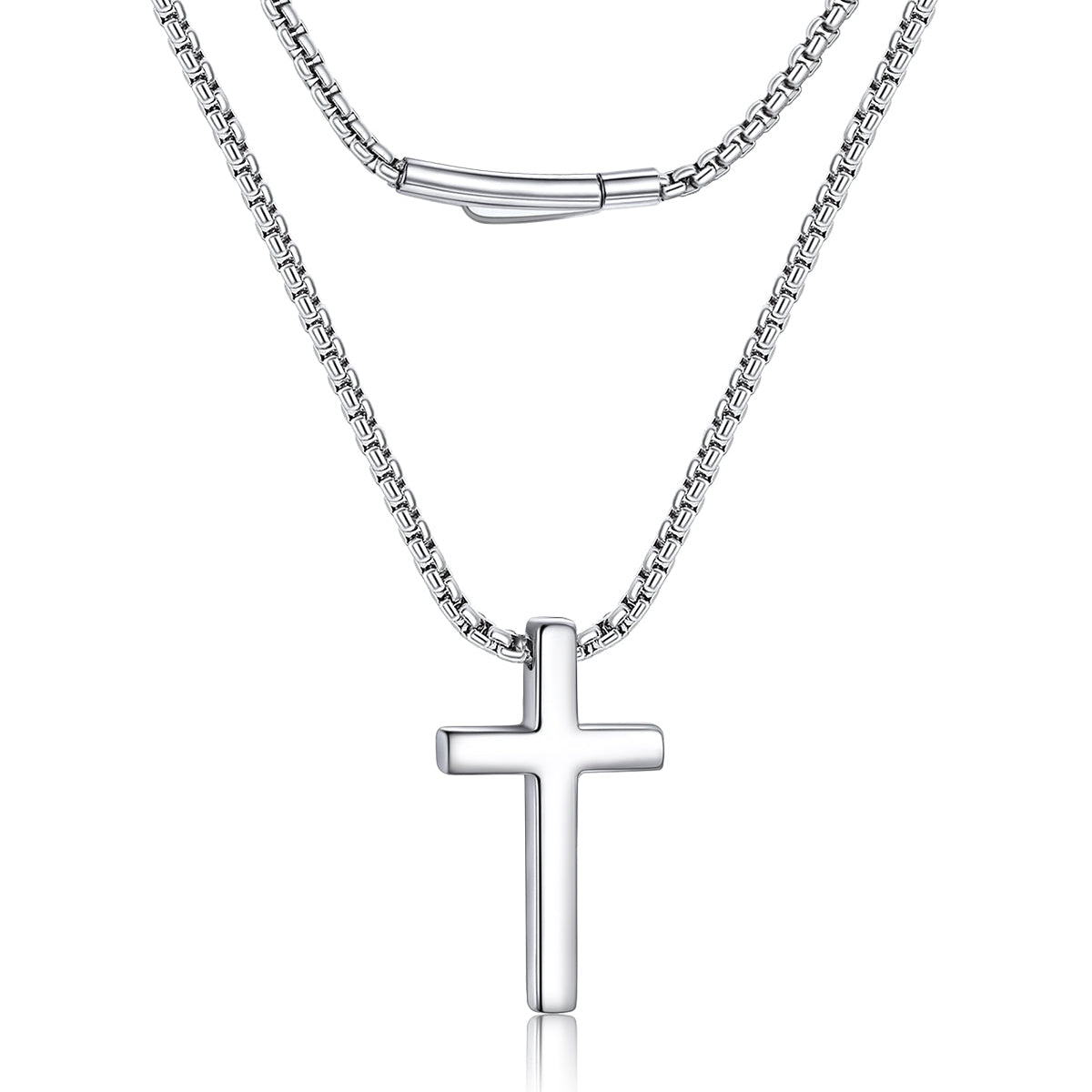 A silver cross pendant necklace with a matching silver box chain, displayed against a clean white background.