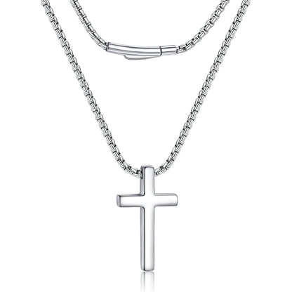 A silver cross pendant necklace with a matching silver box chain, displayed against a clean white background.