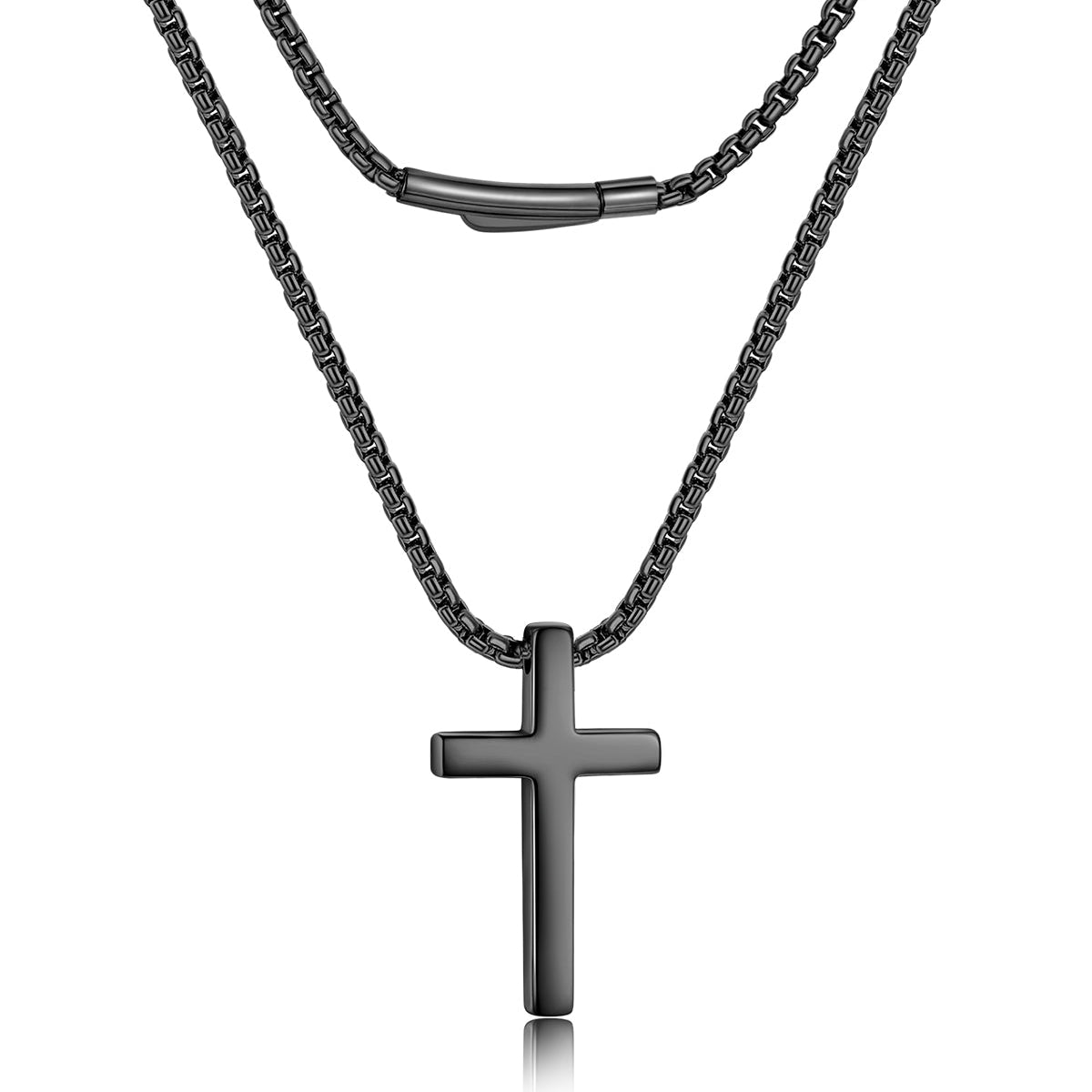 A double-strand black chain necklace with a cross pendant, displayed against a solid white background.