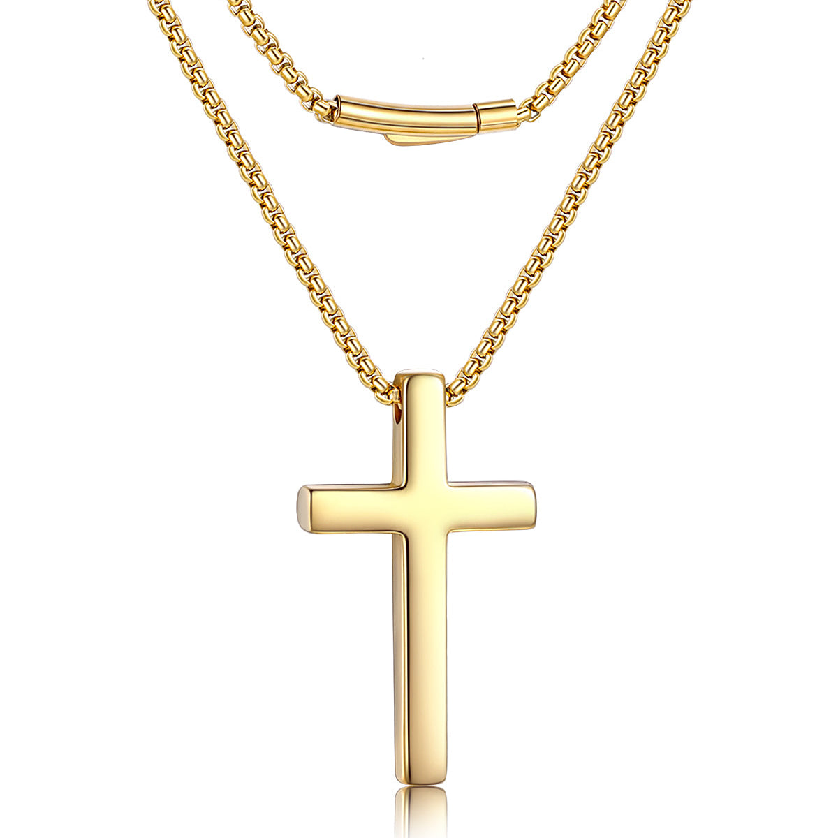 A gold cross pendant necklace with a layered chain design, featuring a polished cross pendant and a matching chain with a small cylindrical clasp, shown on a white background.