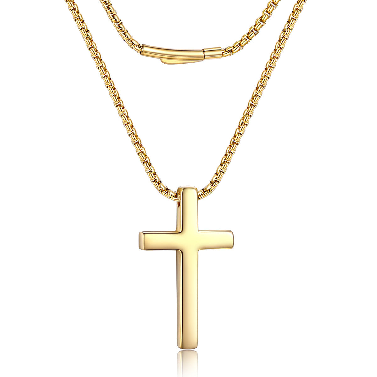 A gold cross pendant necklace with a matching gold box chain, displayed against a clean white background.