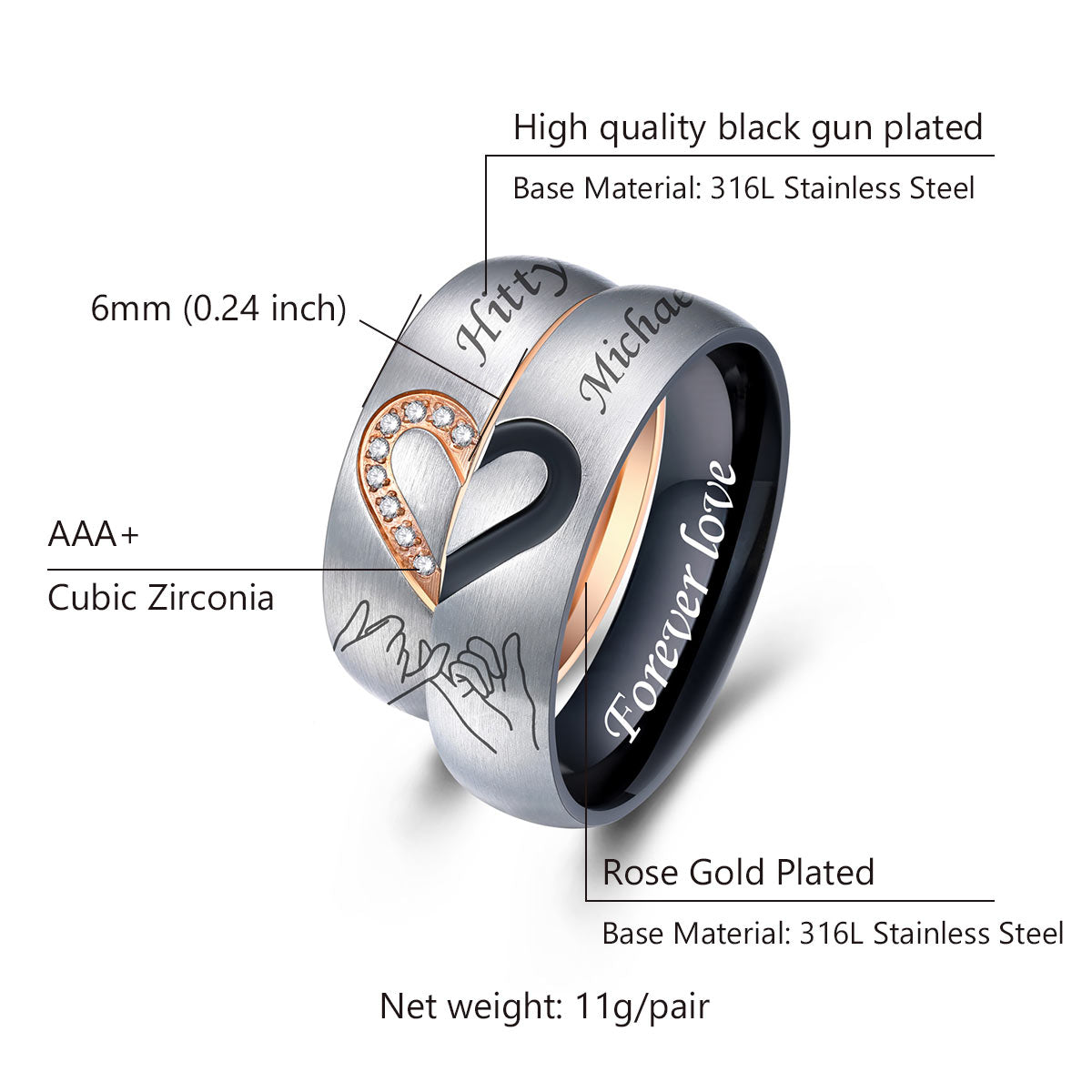 Personalized Heart Matching Promise Rings for Couple