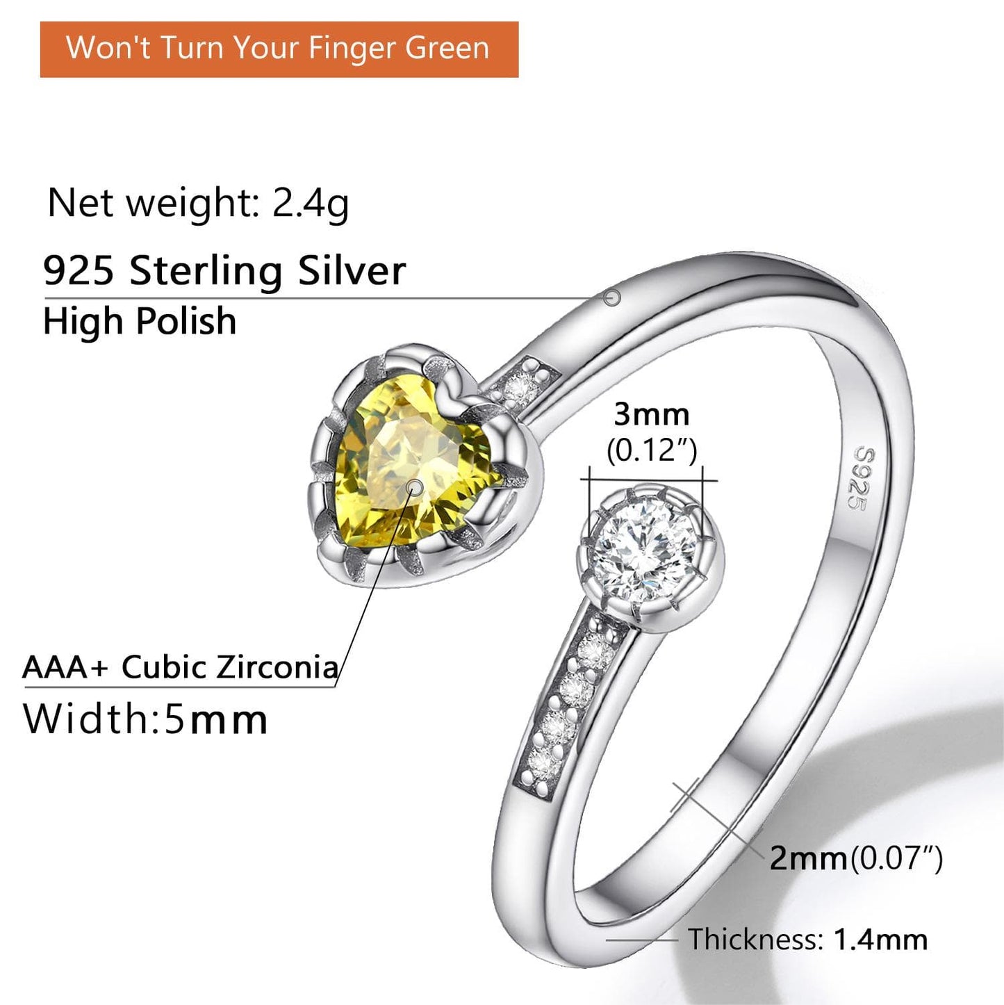 Sterling Silver Heart Birthstone Open Ring Adjustable for Women
