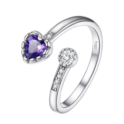 Sterling Silver Heart Birthstone Open Ring Adjustable for Women