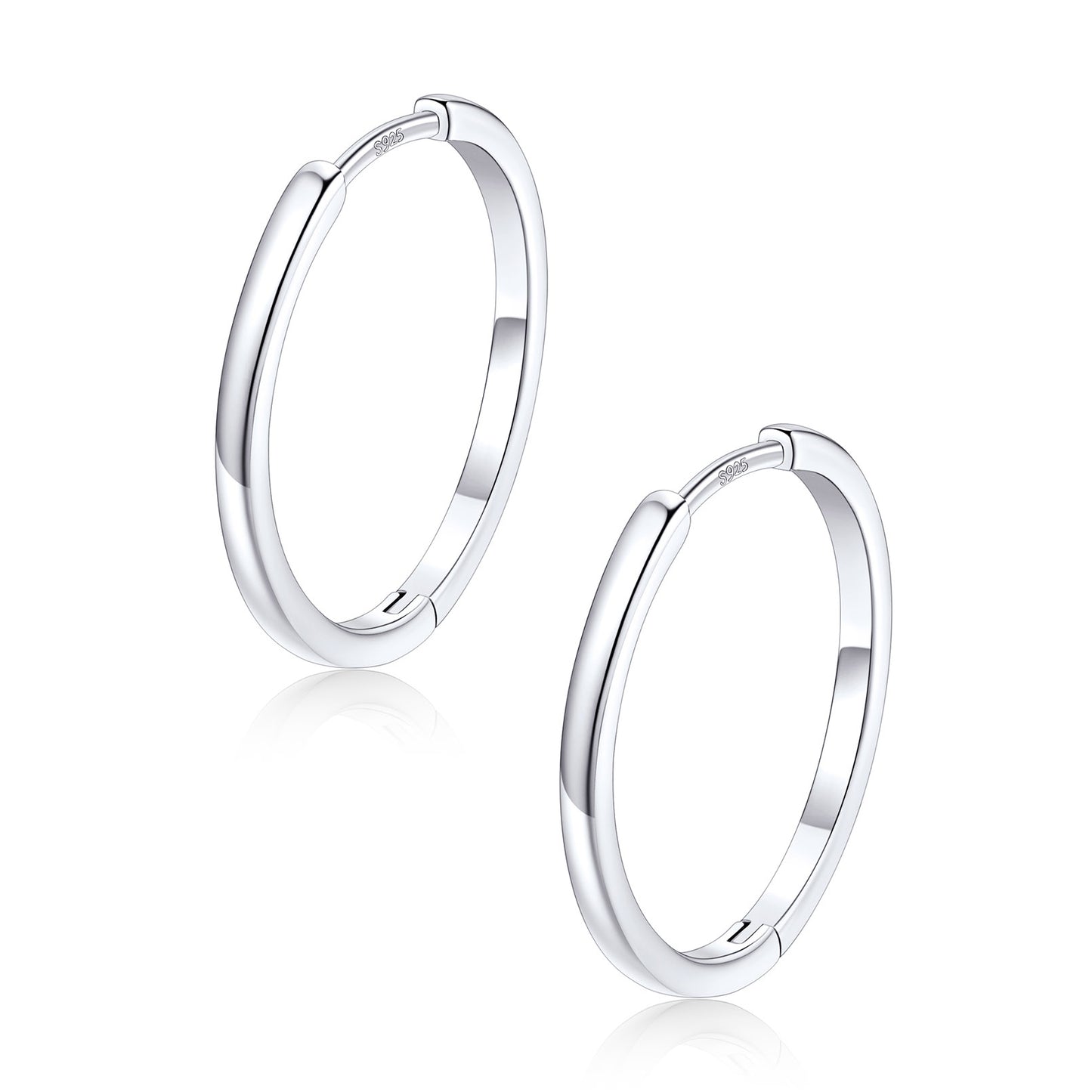 Pair of silver hoop earrings 20mm on a white background