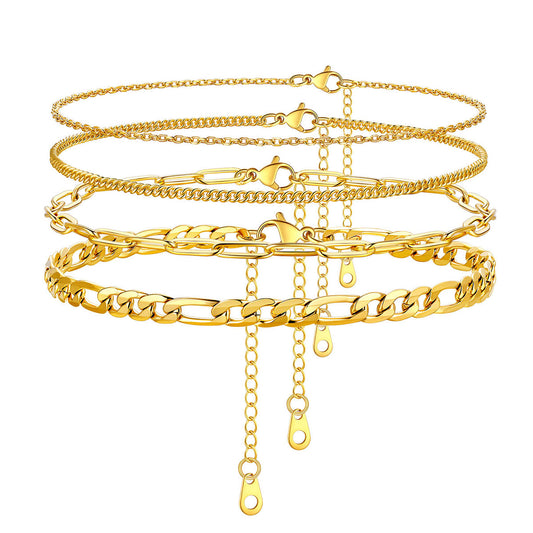 Paperclip Cuban Figaro Chain Ankle Bracelet Set 4Pcs