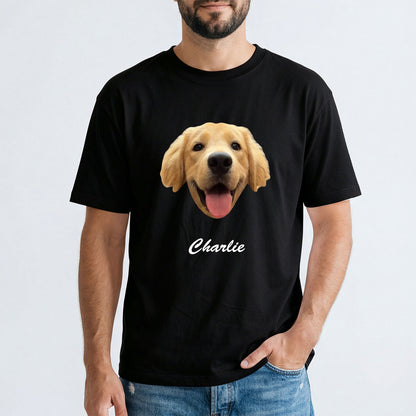 Person wearing a black custom dog t-shirt with a dog graphic and 'Charlie' text on a light gray background