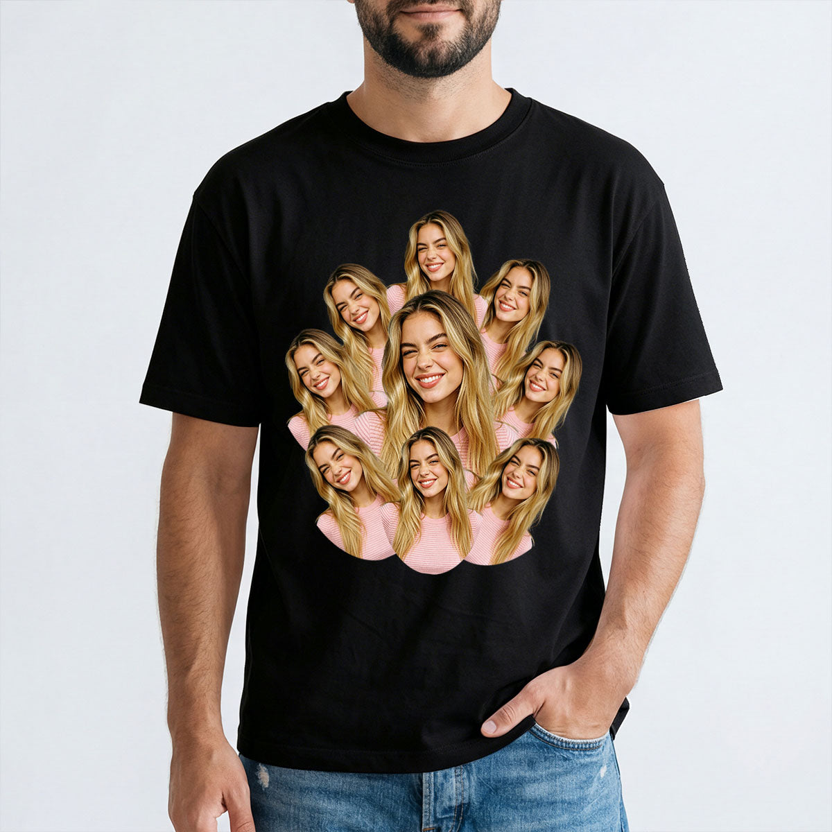 Person wearing a black custom face t-shirt with a graphic design of a woman's face repeated