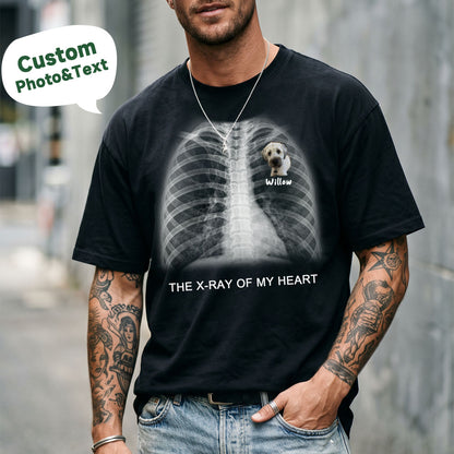 Person wearing a black custom text X-Ray t-shirt featuring a dog named Willow.