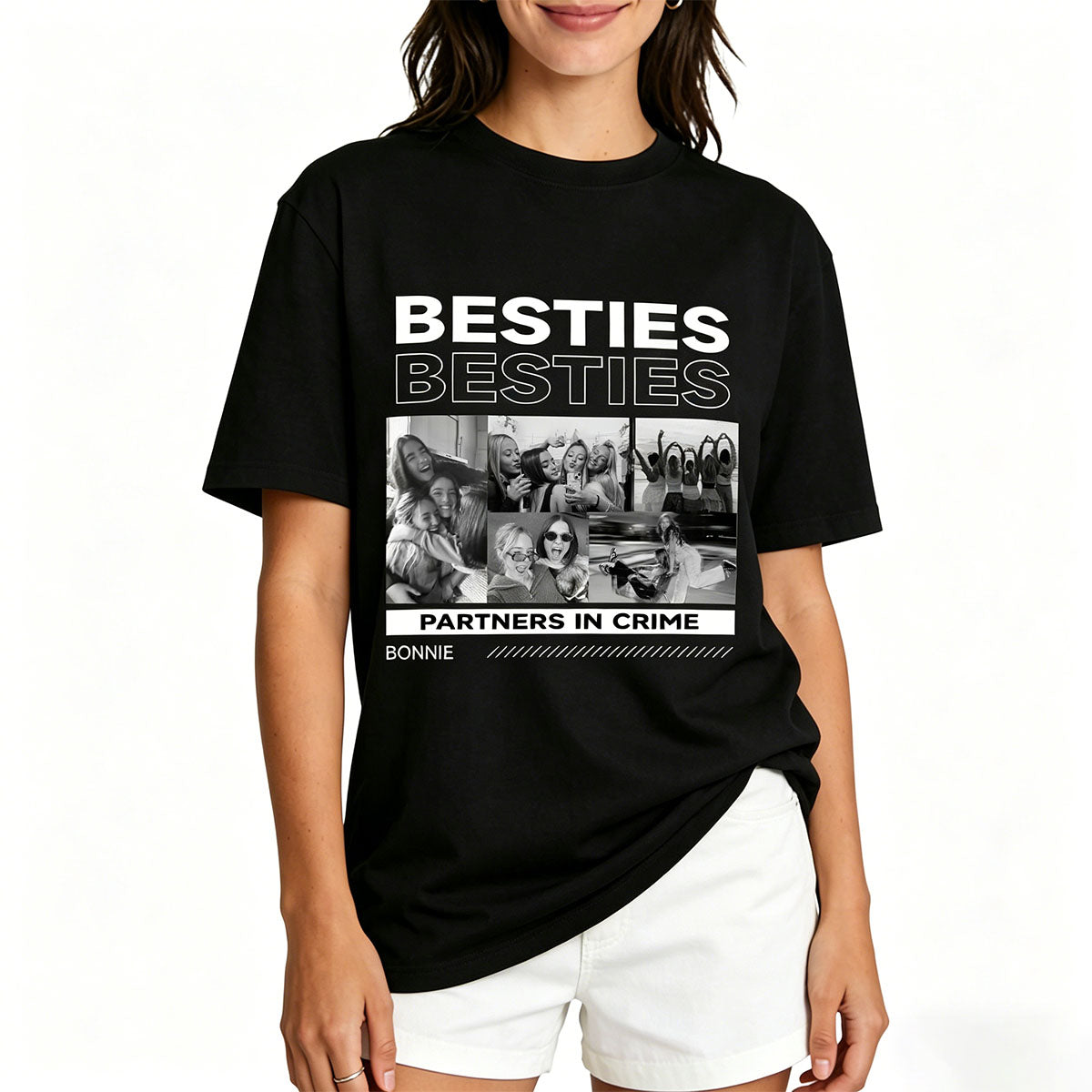 Person wearing a black friendship t-shirt with 'Besties Partners in Crime' design