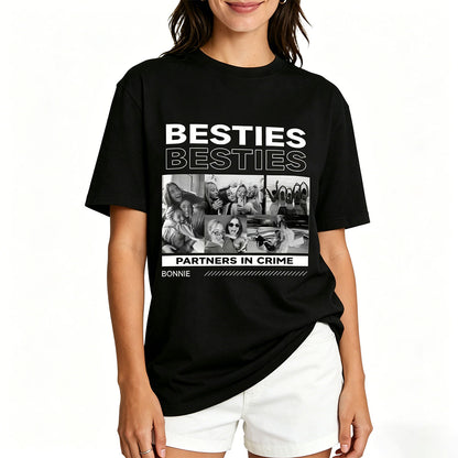 Person wearing a black friendship t-shirt with 'Besties Partners in Crime' design