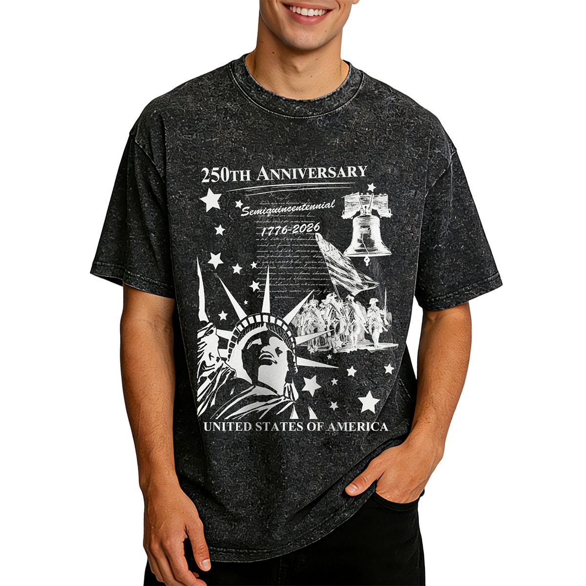Person wearing a black t-shirt with 250th Anniversary design featuring the Statue of Liberty and Liberty Bell.