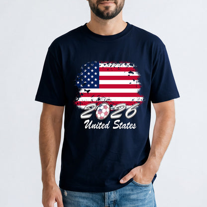 Person wearing a navy blue world cup soccer t-shirt with an American flag and '2026 United States' text on a white background