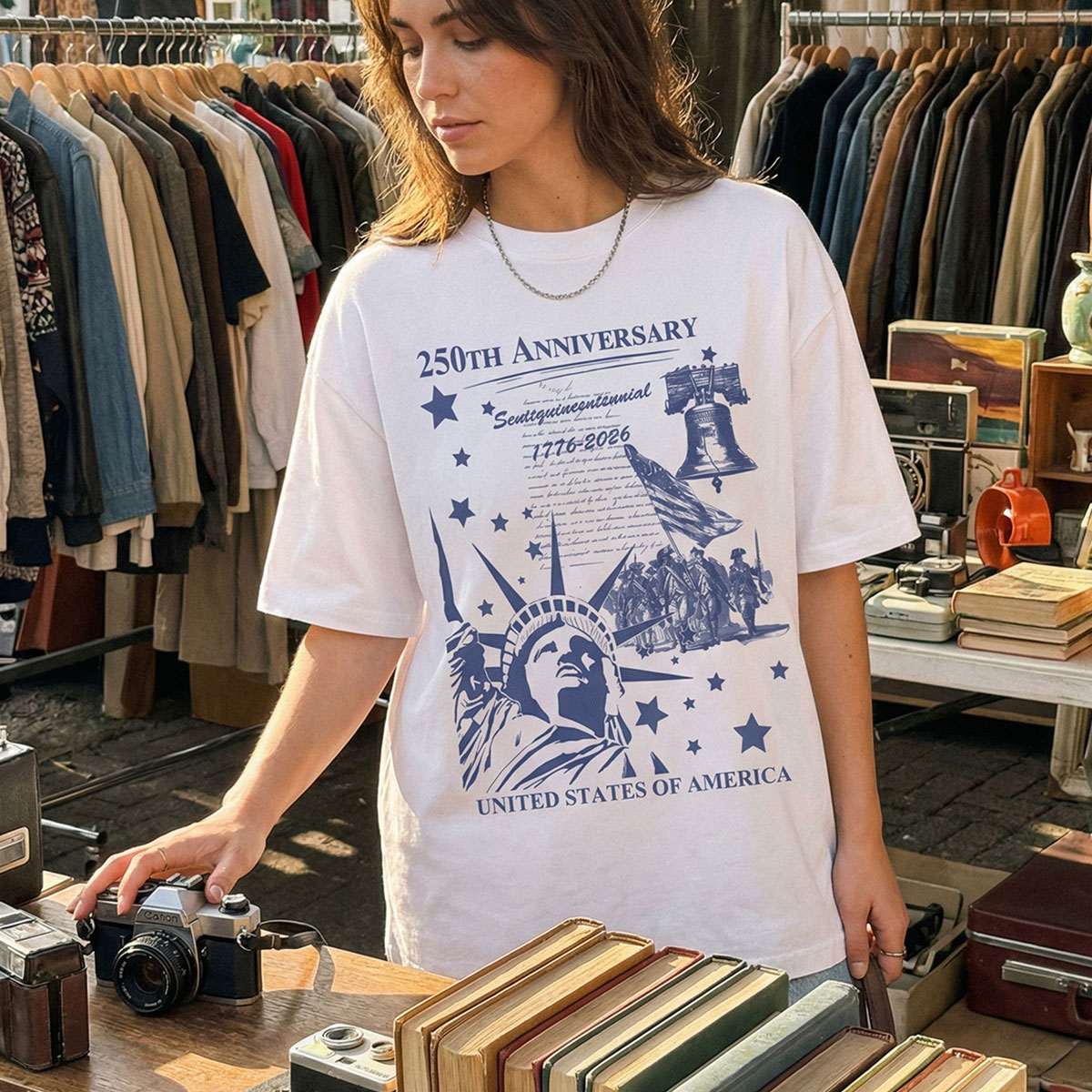 A Woman wearing a white t-shirt with blue graphic design in a vintage store setting