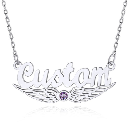 Personalized Angel Wing Birthstone Name Necklace for Women