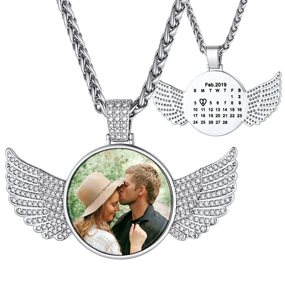 Personalized Angel Wing Calendar Photo Necklace With Cubic Zirconia
