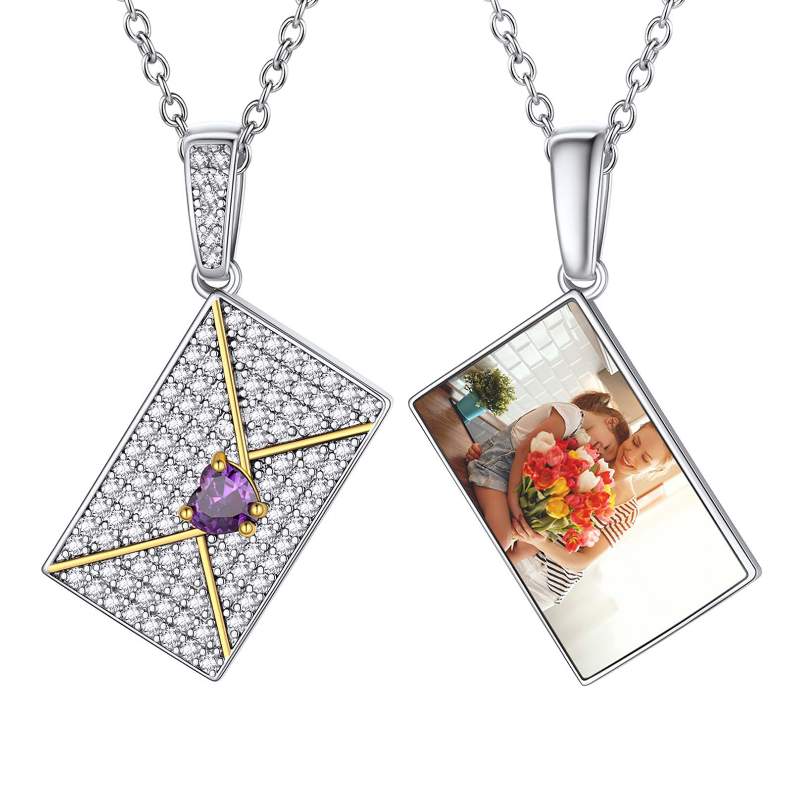 Personalized Birthstone Envelope Photo Necklace With Cubic Zirconia
