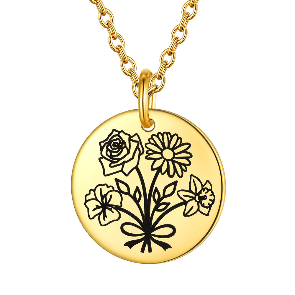 Personalized Bouquet Birth Flower Disc Necklace for Women Gold 4