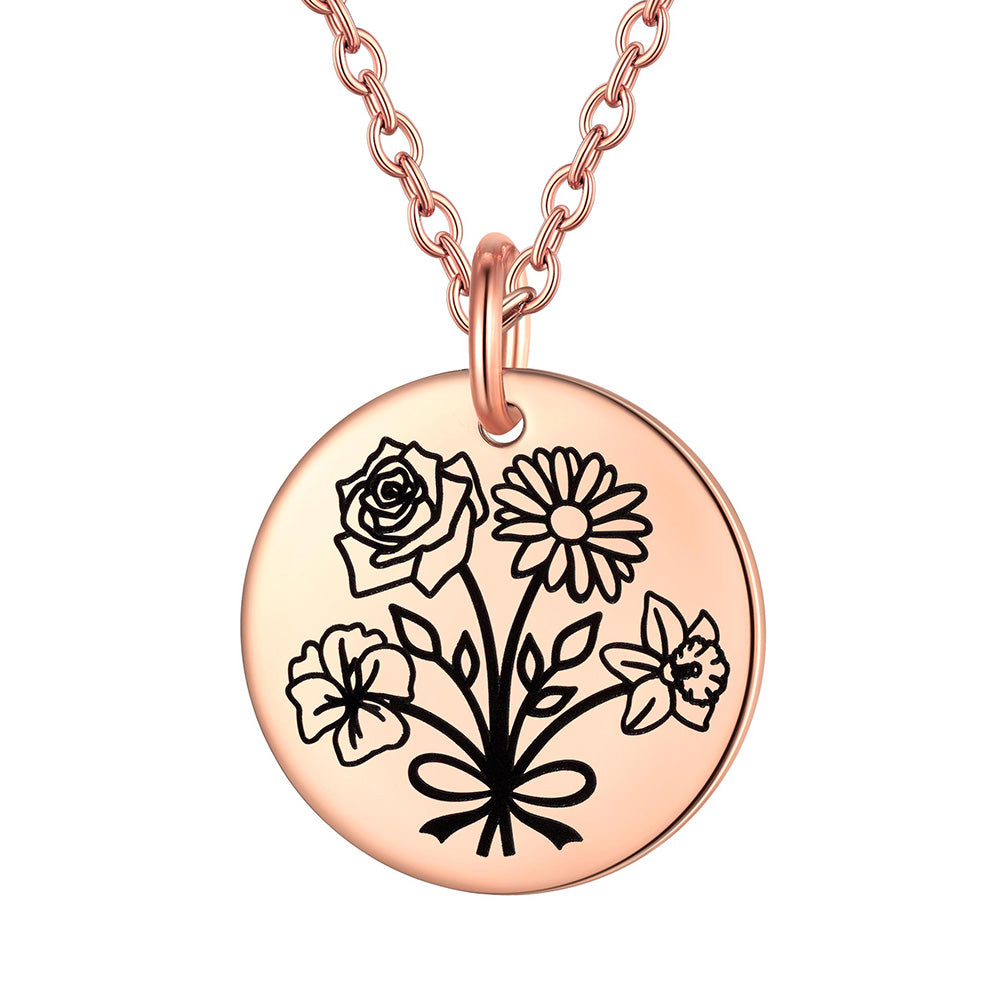 Personalized Bouquet Birth Flower Disc Necklace for Women Rose Gold      