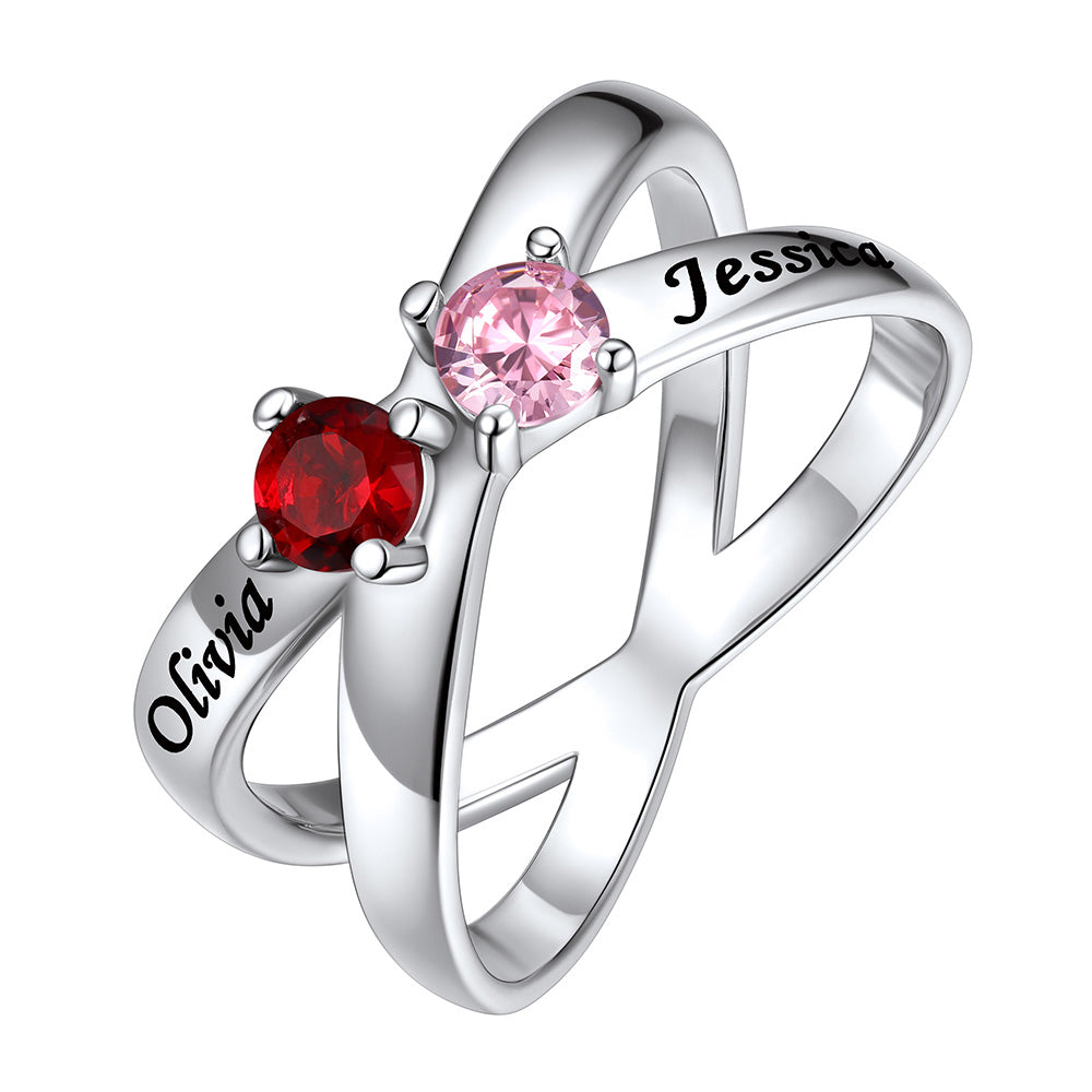 Personalized Criss Cross Birthstone Ring in 925 Sterling Silver 2 Stones